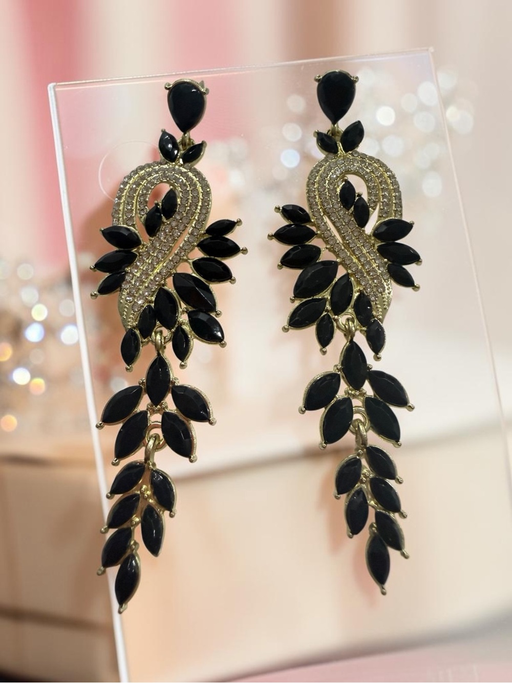 Elegant Black & Gold Teardrop Leaf Dangle Earrings